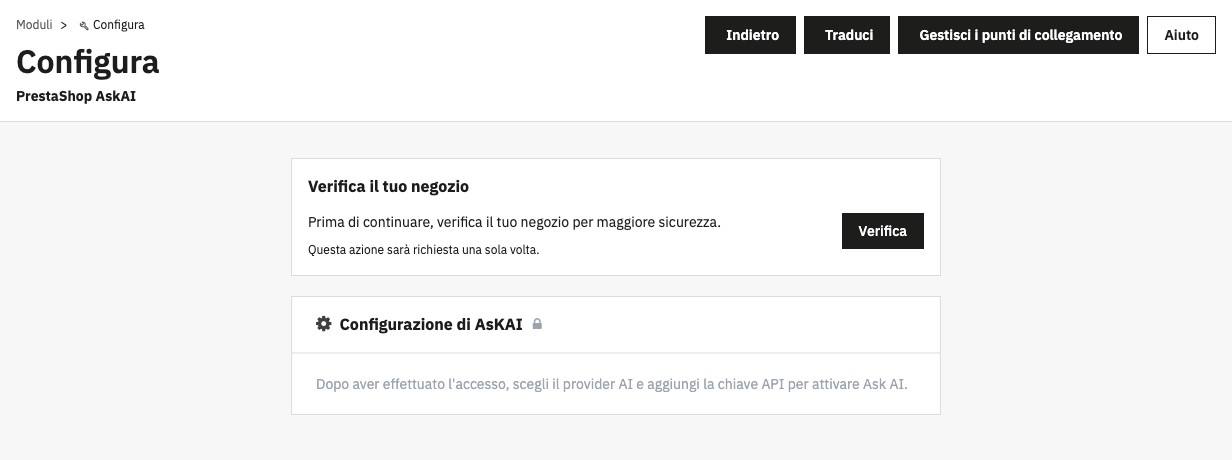 Configurazione del modulo PrestaShop AskAI nella 9.2.0-rc.1: il riquadro Verifica il tuo negozio prima di continuare e la configurazione di AskAI bloccata finché non si sceglie il provider e si aggiunge la chiave API