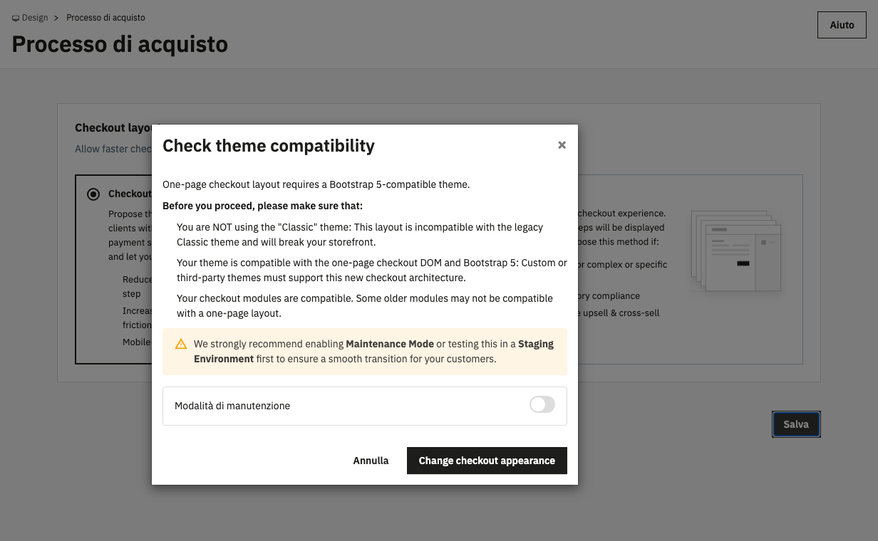 Finestra Check theme compatibility nel back office della 9.2.0-rc.1: il one page checkout richiede un tema compatibile con Bootstrap 5 e con il tema Classic rompe il negozio, con il consiglio di usare la modalità manutenzione o uno staging