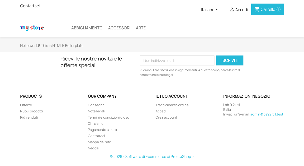 Pagina del checkout con il tema Classic e il one page checkout attivo senza override: al posto del modulo compare solo la scritta Hello world! This is HTML5 Boilerplate