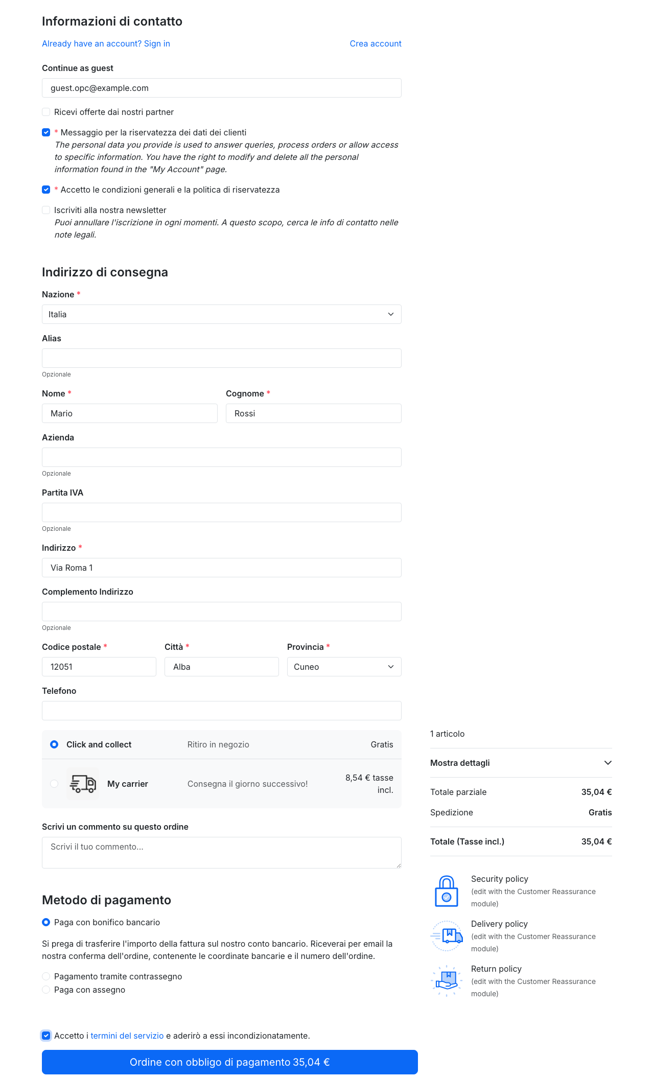 Checkout nativo della 9.2.0-rc.1 con tema Hummingbird, cliente ospite: informazioni di contatto con la sola email, indirizzo di consegna, scelta del corriere, metodi di pagamento bonifico, contrassegno e assegno, bottone di conferma ordine sulla stessa pagina