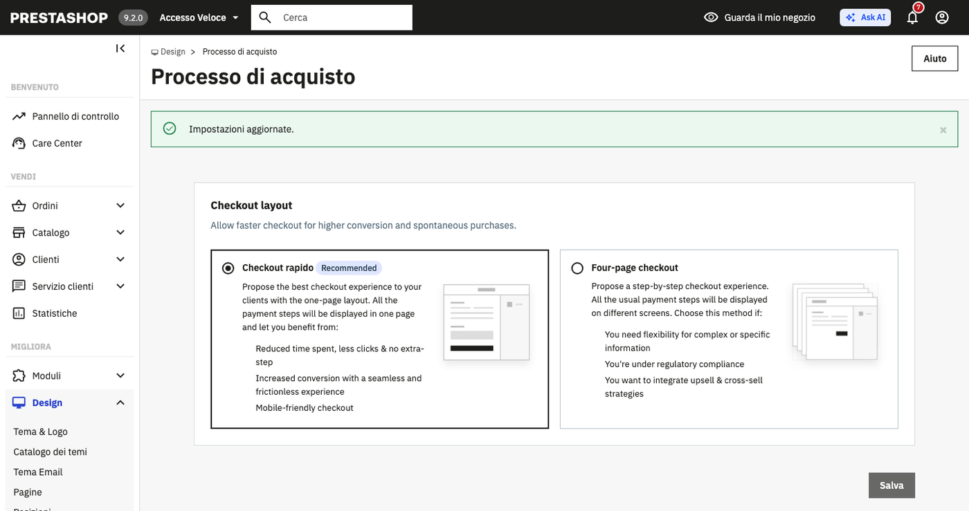 Back office di PrestaShop 9.2.0-rc.1, Design > Processo di acquisto: il layout Checkout rapido selezionato accanto al Four-page checkout, con il messaggio Impostazioni aggiornate