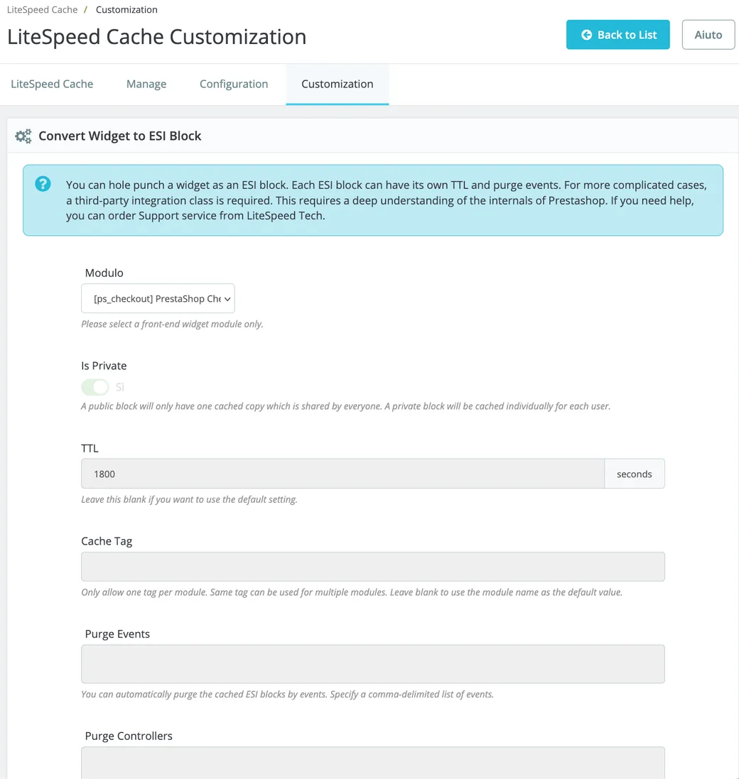 Pannello LiteSpeed Cache, sezione Customization: ps_checkout gestito come ESI block privato con TTL e cache tag dedicati